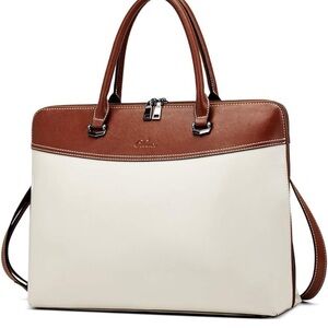 Cluci Leather Briefcase Tote Laptop Bag Brown Cream Work Satchel Structured